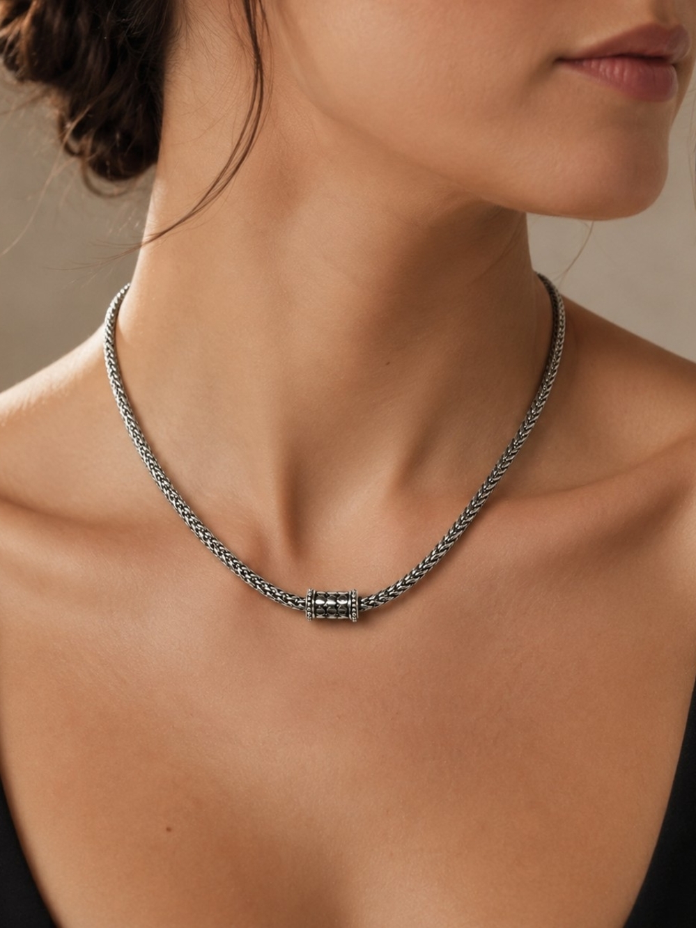 Bali Style Woven Silver Tone Magnetic Clasp Necklace 17" Braided Chain Statement